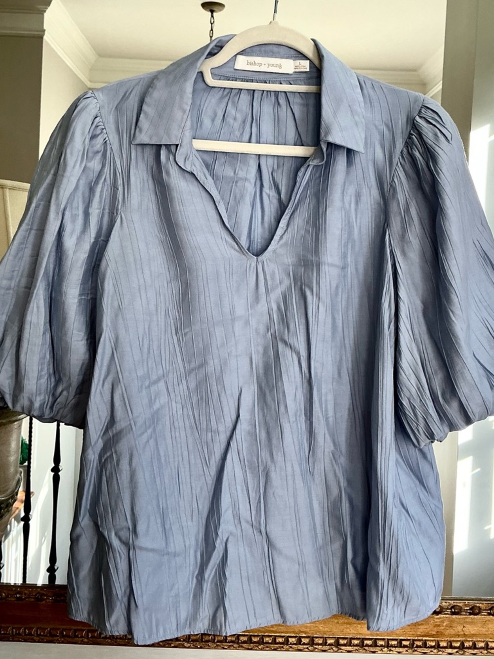 bishop + young Beautiful Blue V-Neck Puff Sleeve Blouse.
